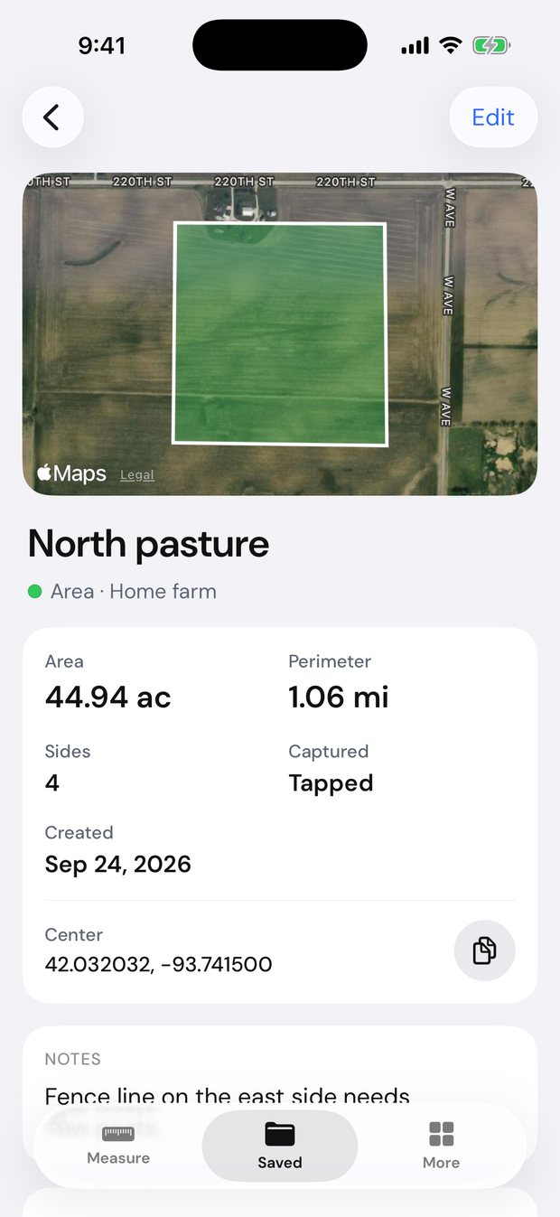 A saved field in AreaMap with its area, perimeter, sides, notes and actions.